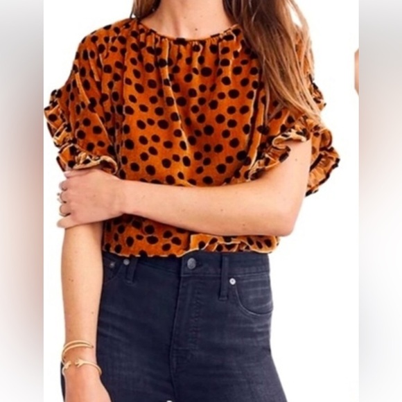 Madewell Velour Polka Dot Ruffle Sleeve Top - Picture 1 of 7